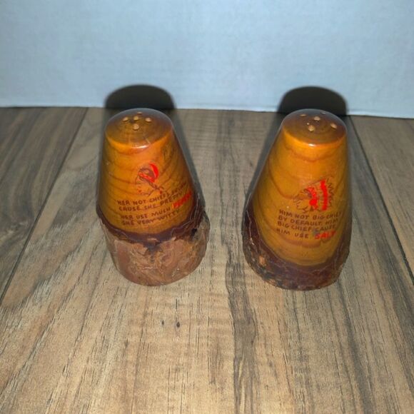 Vintage Wood Salt And Pepper Shakers Set With Native American Sayings - Picture 1 of 6